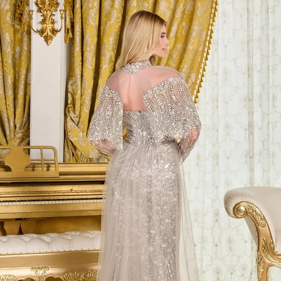 New Dark Silver Rhinestones Embellished Mother Of Bride Mesh Dress GL3705 - Picture 15 of 16